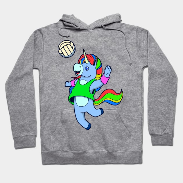 Comic unicorn playing volleyball Hoodie by Modern Medieval Design